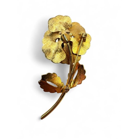 Vintage Red Green Enameled Layered Flower Brooch Clip-On Earrings Set - Picture 3 of 12